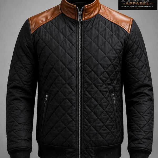 Apparel jacket features a black diamond-quilted body with contrasting brown leather shoulders