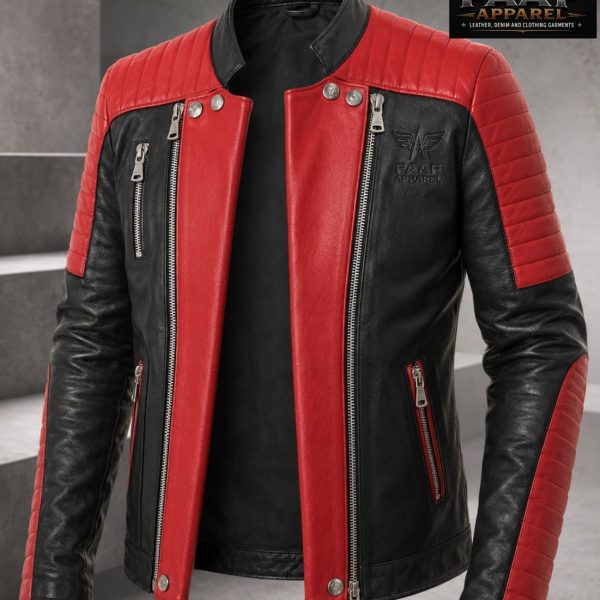 Men's Classic Biker Black & Red Vintage Motorcycle Real Leather Jacket