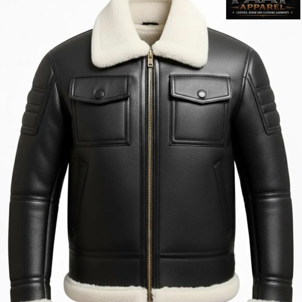 Black Leather White Fur Shearling Bomber Jacket