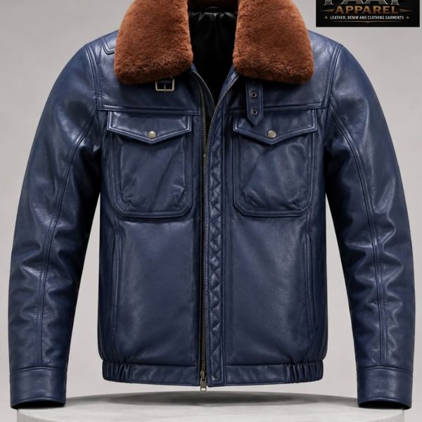 Mens Genuine Sheepskin Aviator Jacket - Blue B3 Bomber Jacket Winter Fur Colla