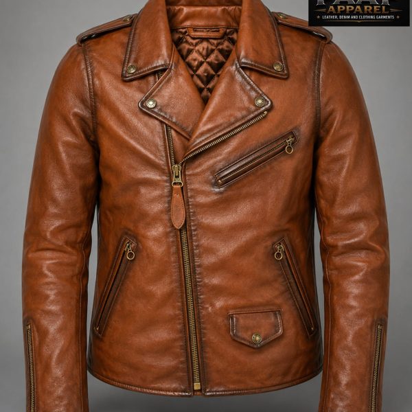 brown vintage-style biker jacket features a distinctive weathered finish and asymmetrical zipper closure.