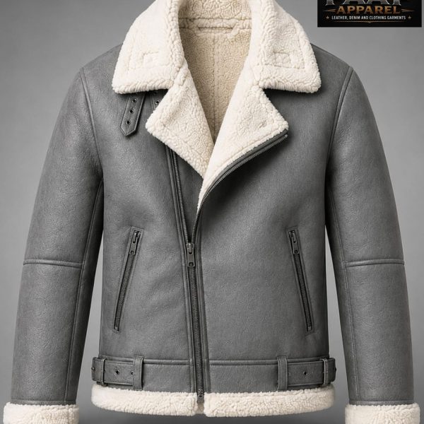 Apparel gray shearling jacket features a high shearling collar and buckle accents on the neck and waist