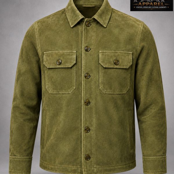 This olive green suede shirt jacket classic collar and dual front pockets.