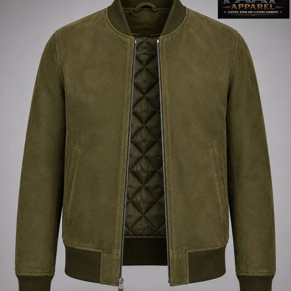 Men's Olive Green Suede Bomber Jacket ribbed collar, cuffs, and hem