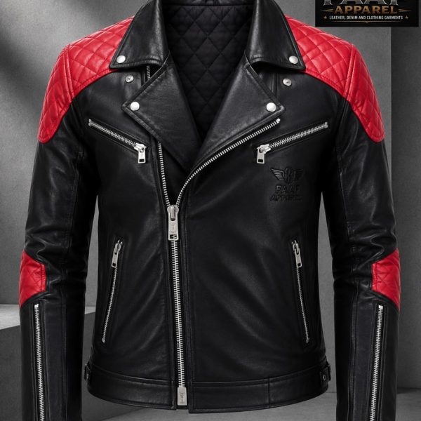 Men's Black and Red Two-Tone Biker Leather Jacket, featuring quilted red padding on the shoulders and arms.