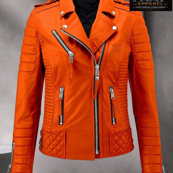 This FAAF Apparel orange motorcycle jacket features quilted side panels and silver hardware