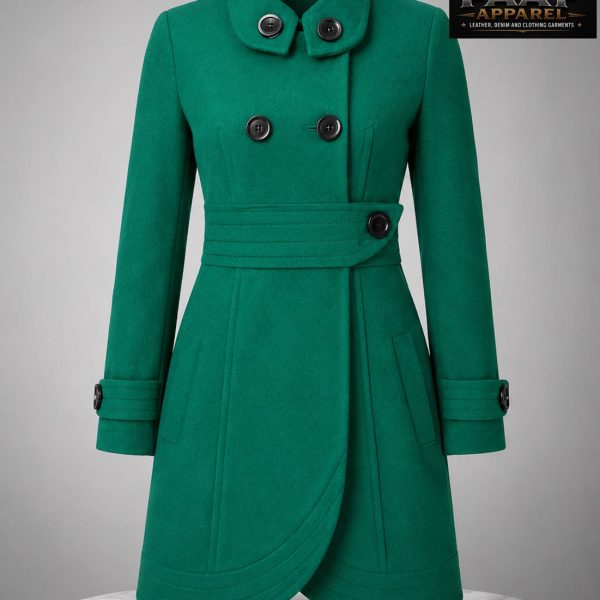 Women's Coat Double Breasted Midi Length Stand Collar Long Sleeve Coat M Green