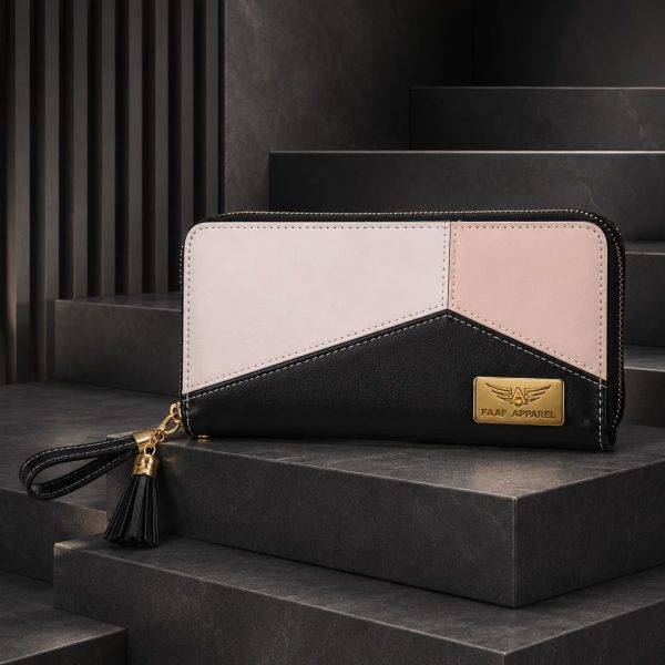 This FAAF Apparel long clutch wallet features a geometric colorblock design in black, white, and pink.