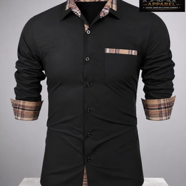 Men's Plaid Collar Cotton Casual Long Sleeve Button Down Dress Shirt Black
