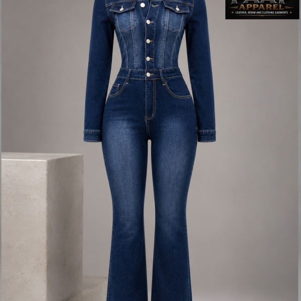 Women's Long Sleeve Elastic Washed Denim Jumpsuit