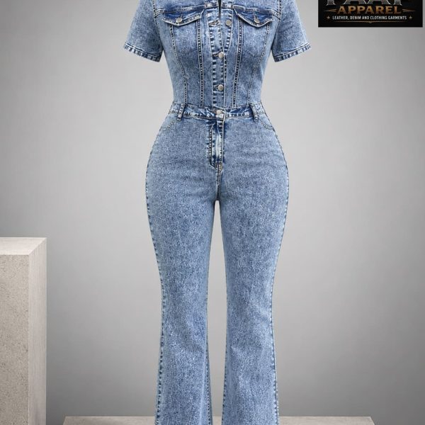Women's Denim Jumpsuit, Skinny Long Flare Leg, Short Sleeve, Stretchy