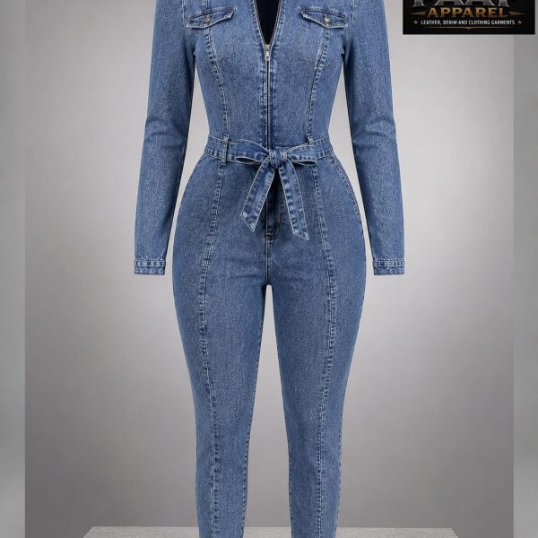 Women's Front Zipper Long Sleeve Drawstring Casual Denim Jumpsuit