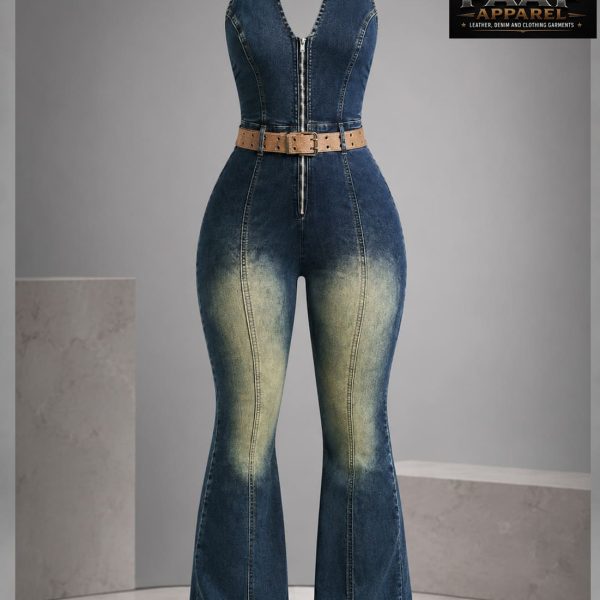 Women's Zipper Front Halter Neck Flared Casual Denim Jumpsuit
