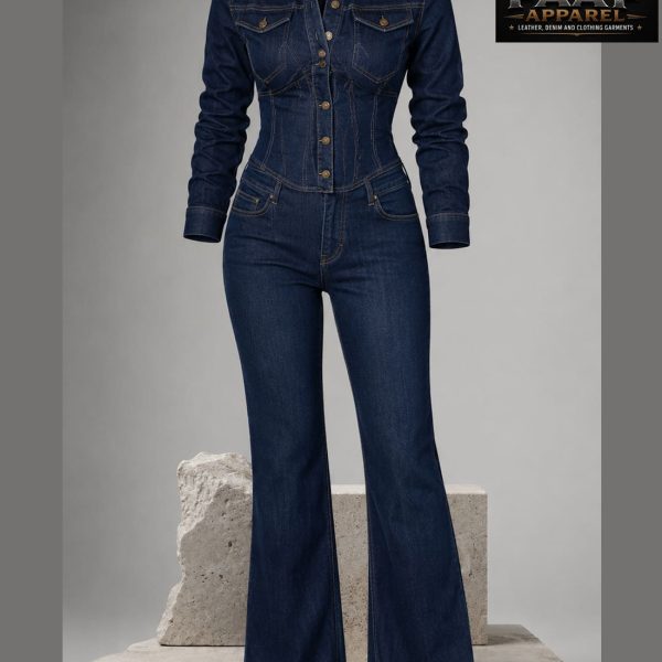 Women's Sexy Long Sleeve Denim Jumpsuit High Waist Slim Fit Stretch Flare Jean Jumpsuit Long Rompers