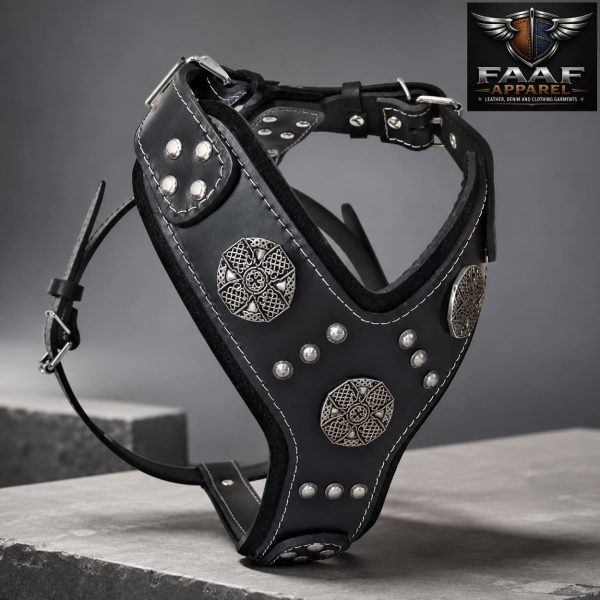 Silver Big Dog Leather Harness | Black, Size XXL, fits chest 37.4-57 in, lower neck 21-33 in, 10 oz buffalo chest plate, 2 chest straps