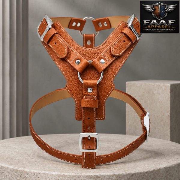 harness is handcrafted from tan pebbled leather and features adjustable straps with silver-toned hardware
