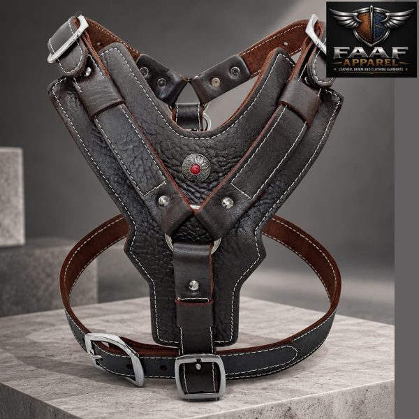 Adjustable PU Leather Dog Harness Large Dog Genuine Leather Harness with Quick Control Handle Pet Training Camping Hunting Harness Vest for Labrador Bulldog, Brown,