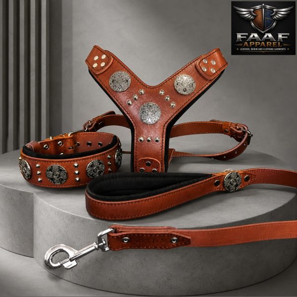 Maximus Silver Big Dog Set: Harness, Collar & Lead in Brown