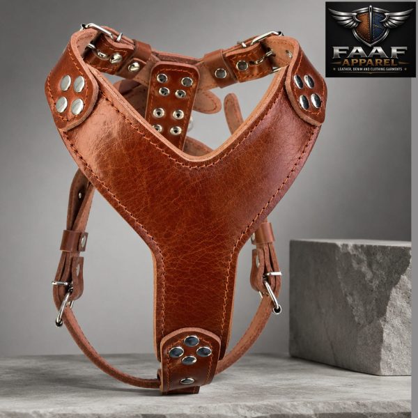 Brown leather dog harness featuring handmade, genuine leather construction