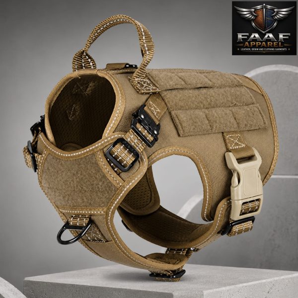 Dog Harness features durable coyote brown nylon construction and heavy-duty metal buckles