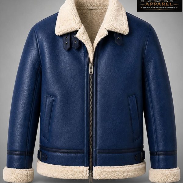 Men’s Blue Shearling Leather Jacket | Luxury Winter B3 Aviator Coat | Genuine Sheepskin Warm Outerwear