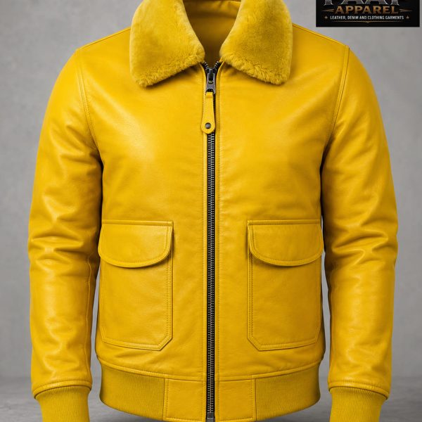 Men Yellow Leather Fashion Jacket With Cargo Pockets, Men Leather Apparel