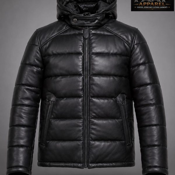 Men’s Black Leather Puffer Jacket With Fur Hood