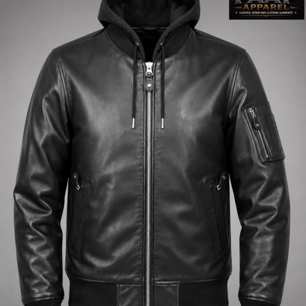 Men’s 100% Real Black Leather Hooded Jacket