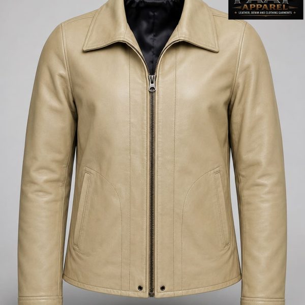 Men's Beige Real Leather Harrington Jacket