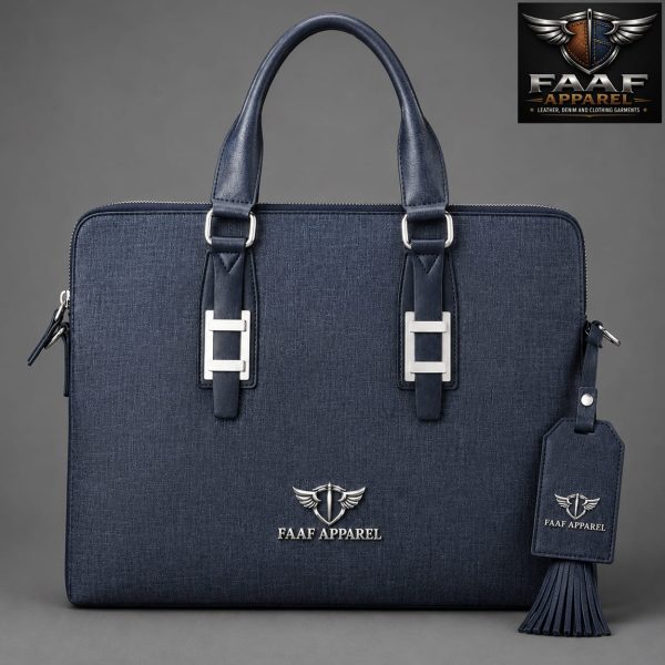 Navy blue denim-like texture and a prominent winged shield logo