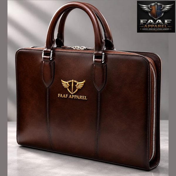 Brown leather briefcase with top handles and a gold winged logo