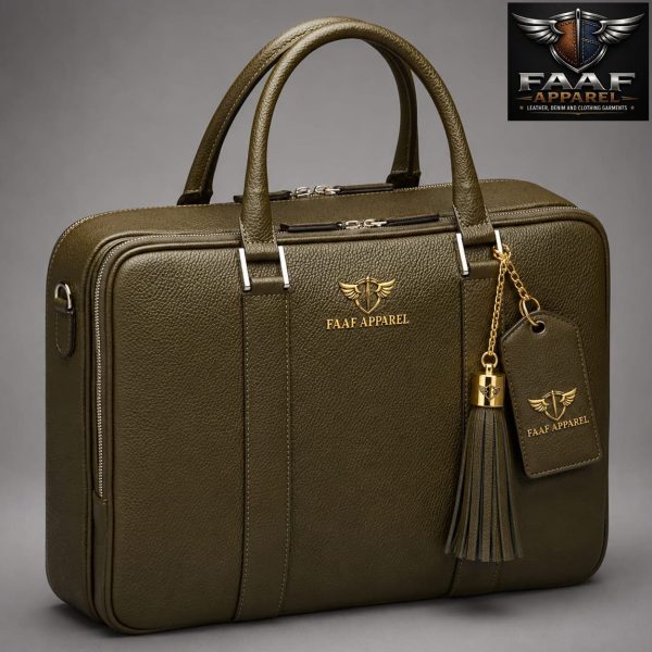 olive green leather briefcase featuring top handles, dual zipper compartments,