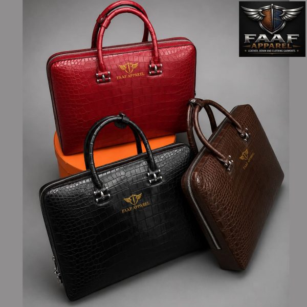 Leather Briefcase Laptop Bag for 14-Inch Laptops with Zipper Closure and Crochet Embellishment