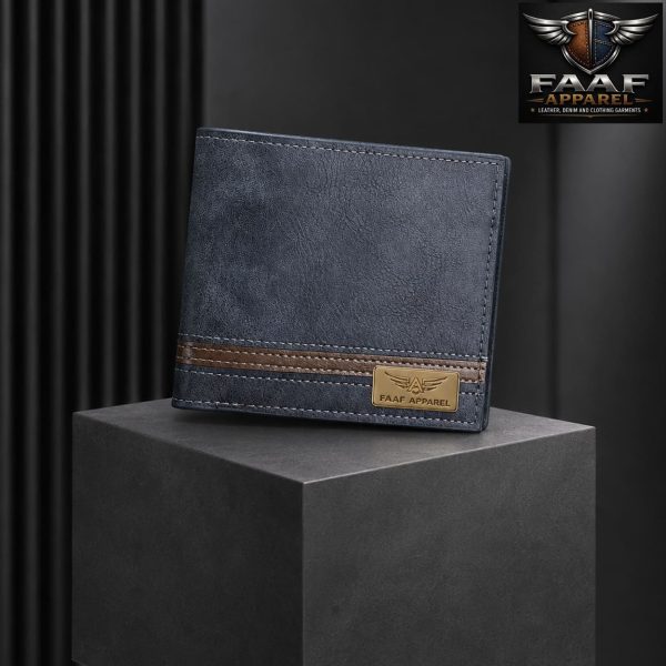 Wallet textured blue design with a prominent brown accented