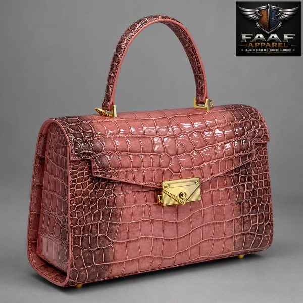 Fashionable Women’s pink crocodile leather with gold hardware