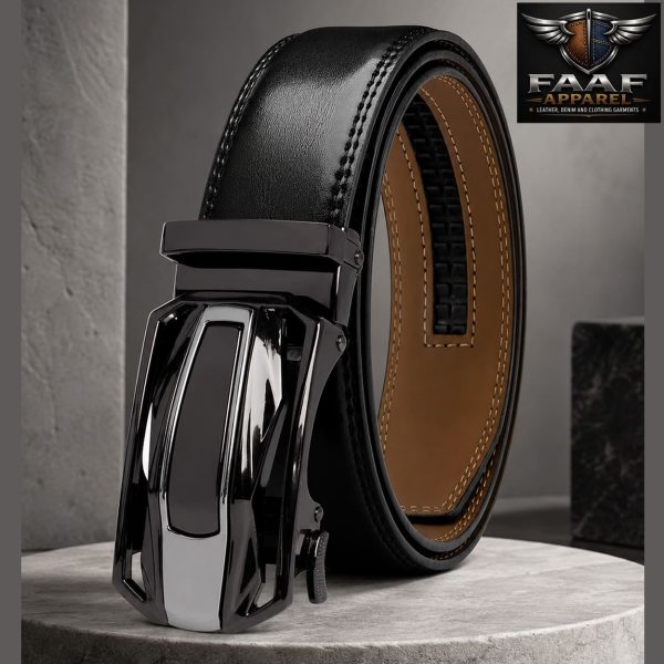 Men's Genuine Leather Belt with Car Buckle – Luxury Automatic Ratchet Dress Belt for Business, Casual and Formal Wear