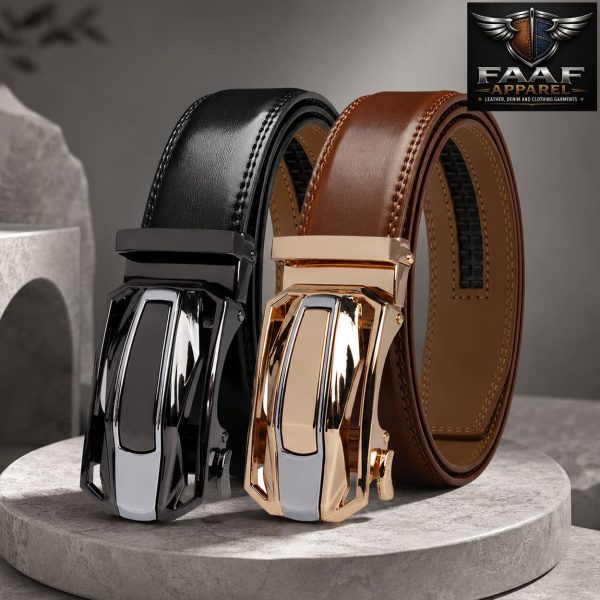 Men's Belt, 2 Pack Ratchet Metal Buckle Belt, Adjustable 13/8 Inch Leather Belt,