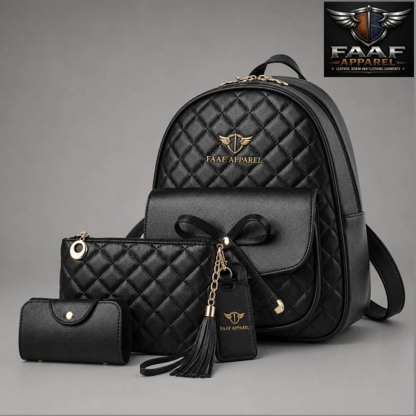 Girls Bowknot 3-PCS Fashion Backpack Cute Mini Leather Backpack Purse for Women Travel Bag Ladies Shoulder Bags Black