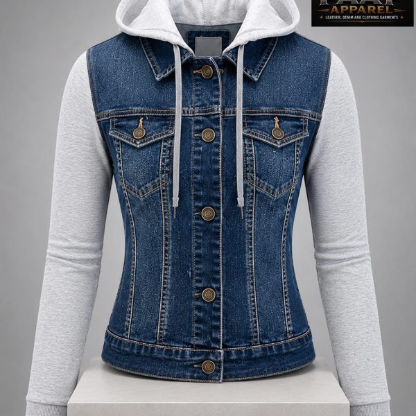 Denim Jacket Button Down Long Sleeve Drawstring Hood Jean Jackets