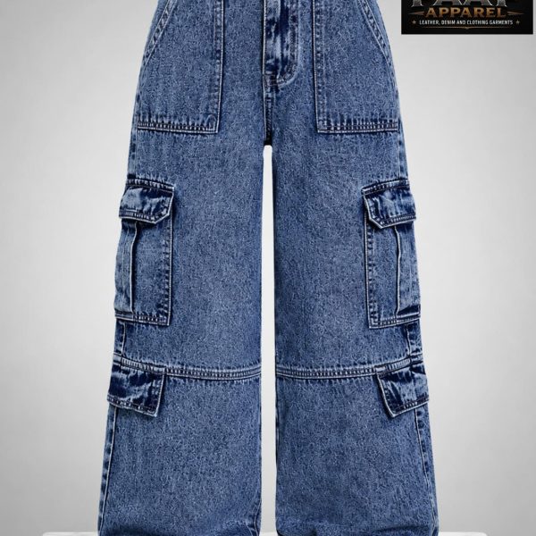 Teen Girl Y2K Fashion Stonewashed High Waisted Baggy Straight-Leg Cargo Denim Jeans Pants With Utility Pockets Versatile Style,