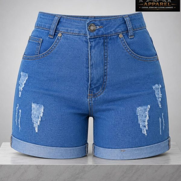 Denim Jeans Shorts for Women Ripped Distressed Basic Pants Pocket Fold Hem High Waist Curvy Skinny