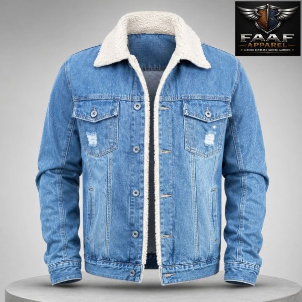 Light Blue Denim Jacket with Full White Fur for Men