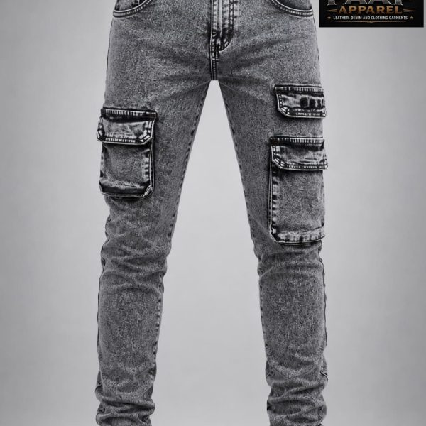 Grey acid-wash cargo jeans feature a slim stacked fit with tactical 3D side pockets.