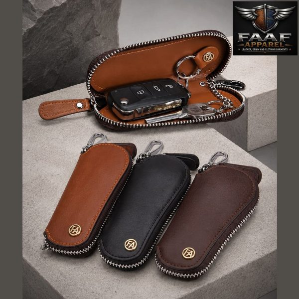 Men's Genuine Leather Remote Car Key Keychain Holder Zipper Case Wallet Coffee
