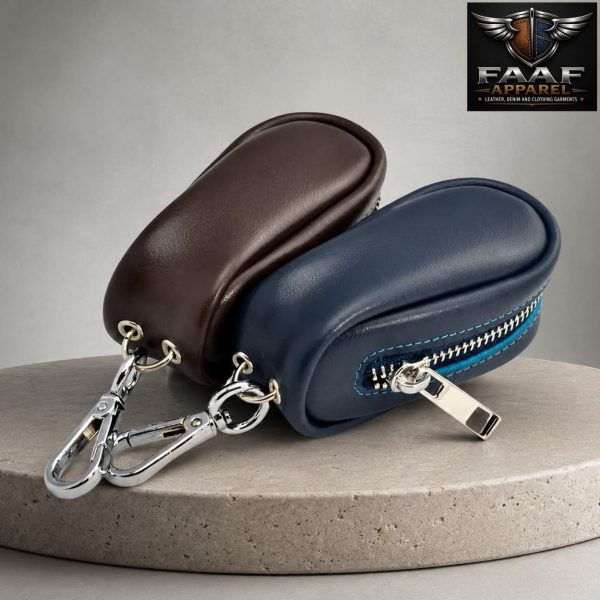 2 Piece Car Key Case Made of Genuine Leather, Car Key Case, Cover Scratch-Resistant, Waterproof Vehicle Key Fob Zip Pocket (Blue-Brown)