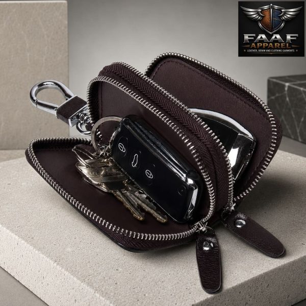 Contacts Car Key Case Leather Double Zipper Key Holder with 4 Keyrings Keys Organizer for Men Women