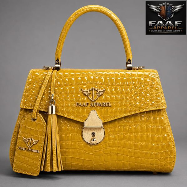 Yellow Beaded Crocodile Leather Top Handle Satchel Bag