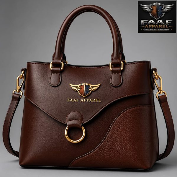 Dark brown leather handbag, dual top handles,