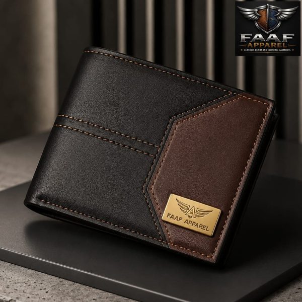 men's bi-fold wallet featuring a contrasting black and brown paneled design with a branded metal logo plaque on the corner.