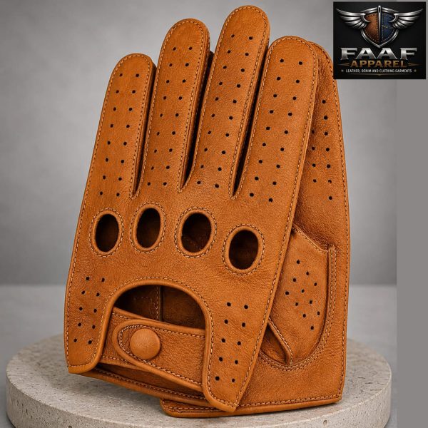 Genuine Leather Reverse Stitched Driving Gloves (Medium, Cognac)